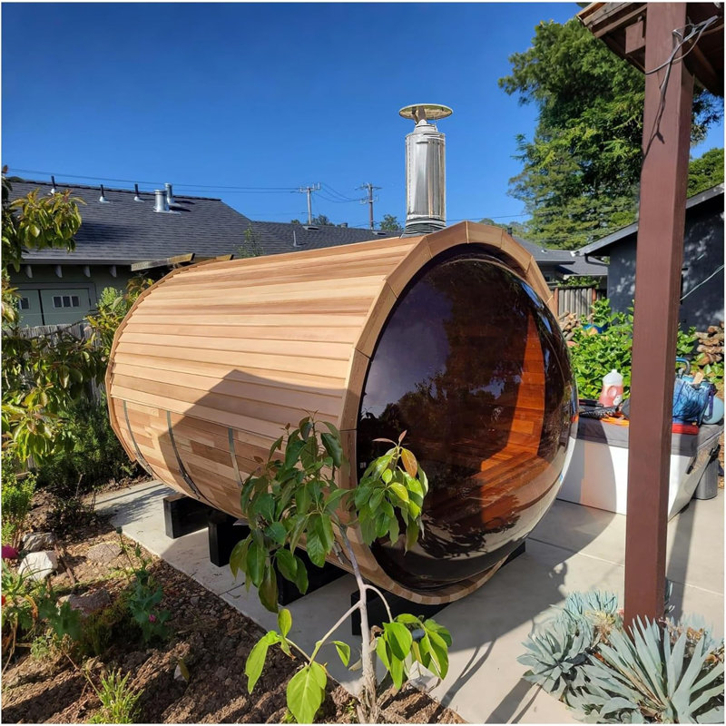 ZONEMEL Barrel Steam Sauna Room with Panoramic View, Canadian Red